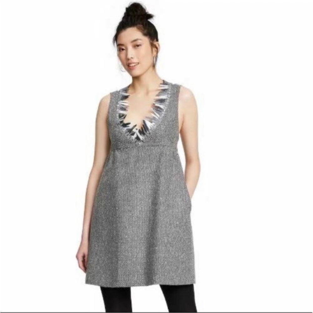 Anna Sui for Target Metallic Gray Boucle V-Neck Shift Mini Dress Size Medium